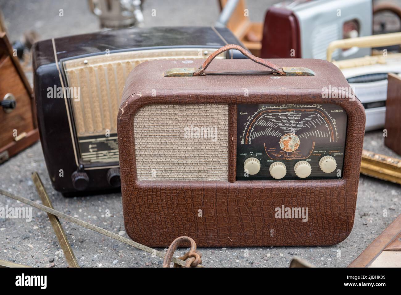 Old retro antique radio on vintage background Stock Photo