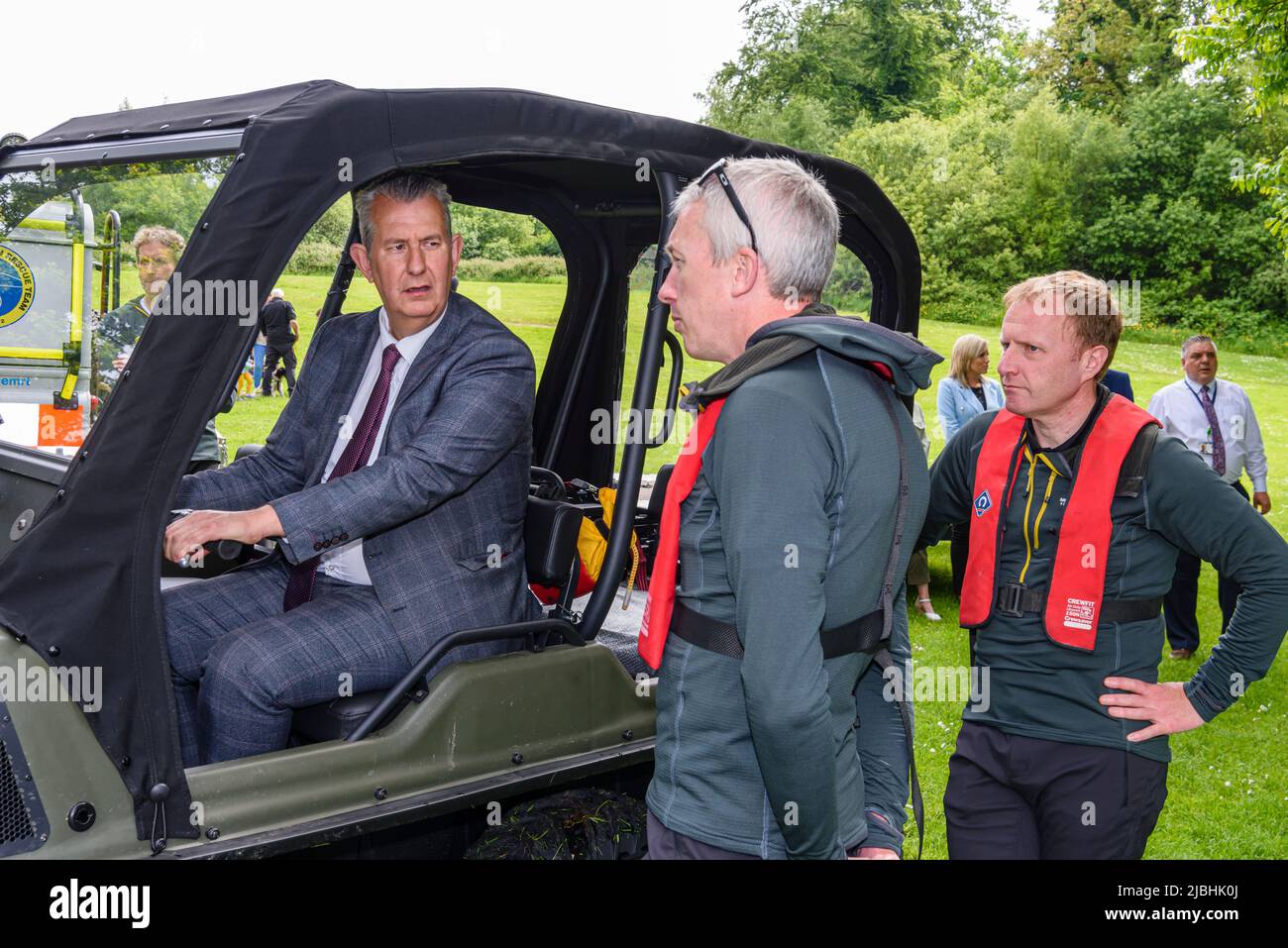 Castlewellan, Northern Ireland. 06/06/2022.  DAERA Minister Edwin Poots visits Castlewellan Forest Park to see a new, DAERA-funded amphibious rescue vehicle which is capable of both water and land rescues. Stock Photo