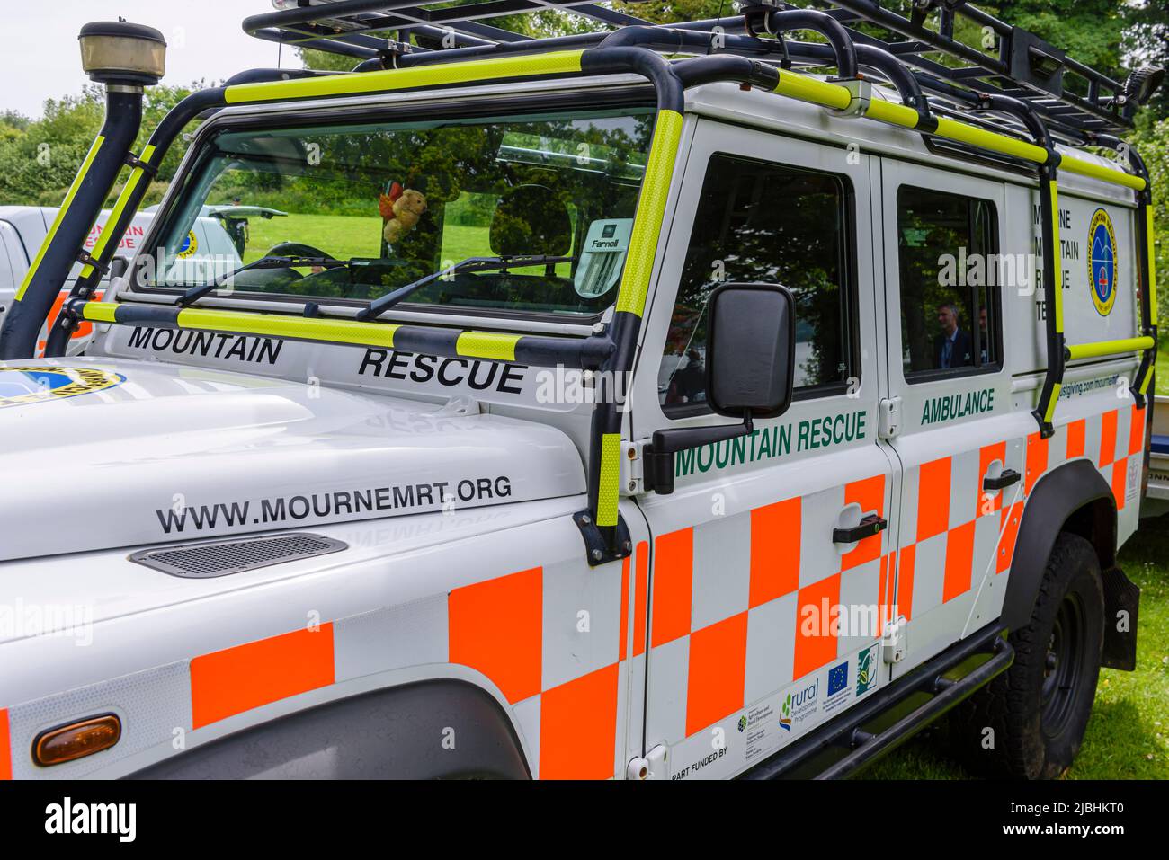 Castlewellan, Northern Ireland. 06/06/2022.  DAERA Minister Edwin Poots visits Castlewellan Forest Park to see a new, DAERA-funded amphibious rescue vehicle which is capable of both water and land rescues. Stock Photo