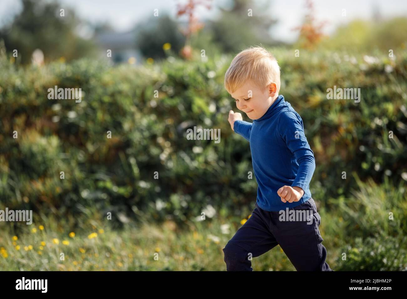 Little boy running down a meadow in a beautiful landscape in summer, very light and happy scene. Stock Photo