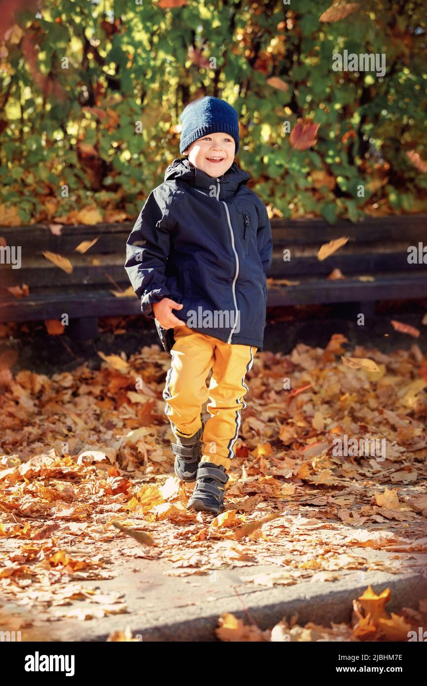 Kid play in autumn park. Child throwing yellow leaves. Child boy with oak and maple leaf. Fall foliage. Family outdoor fun in autumn. Toddler or presc Stock Photo