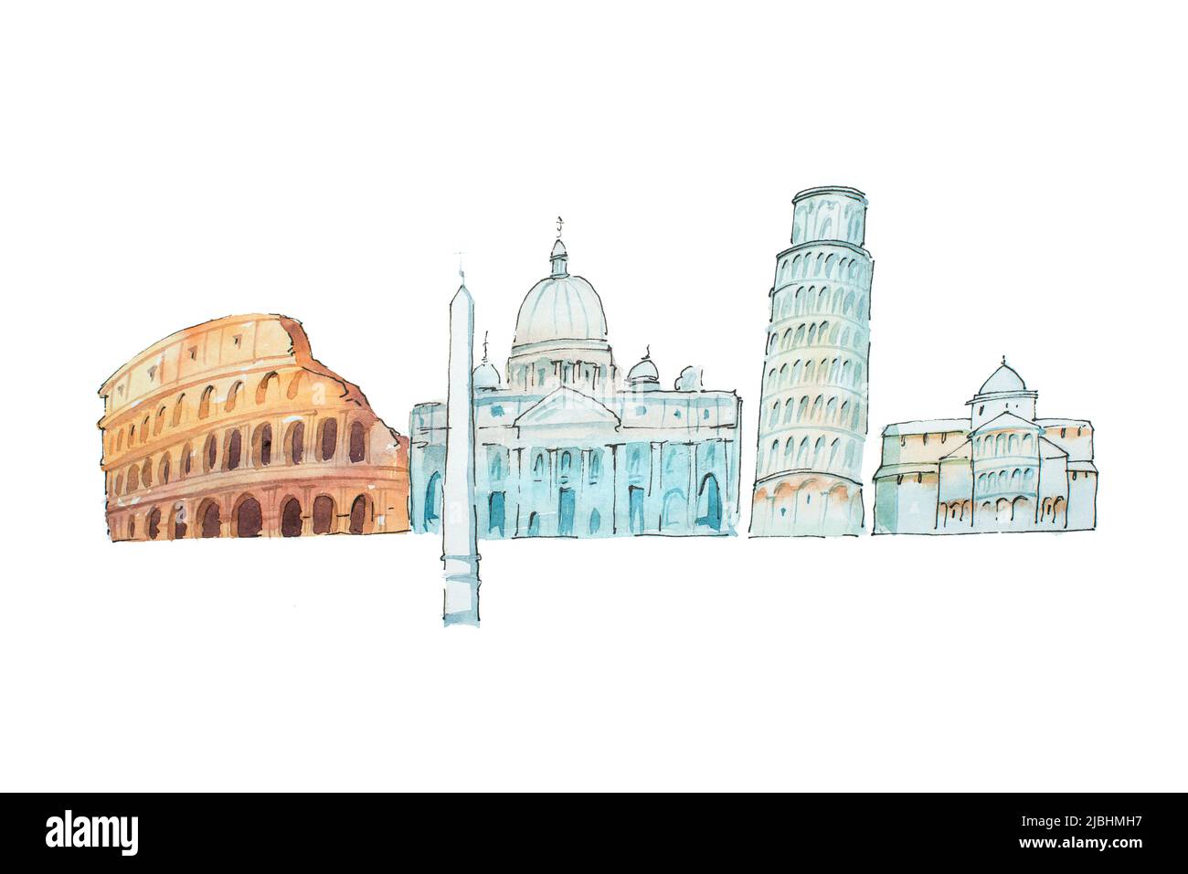 Famous Italian landmarks travel and tourism waercolor illustration Stock Photo