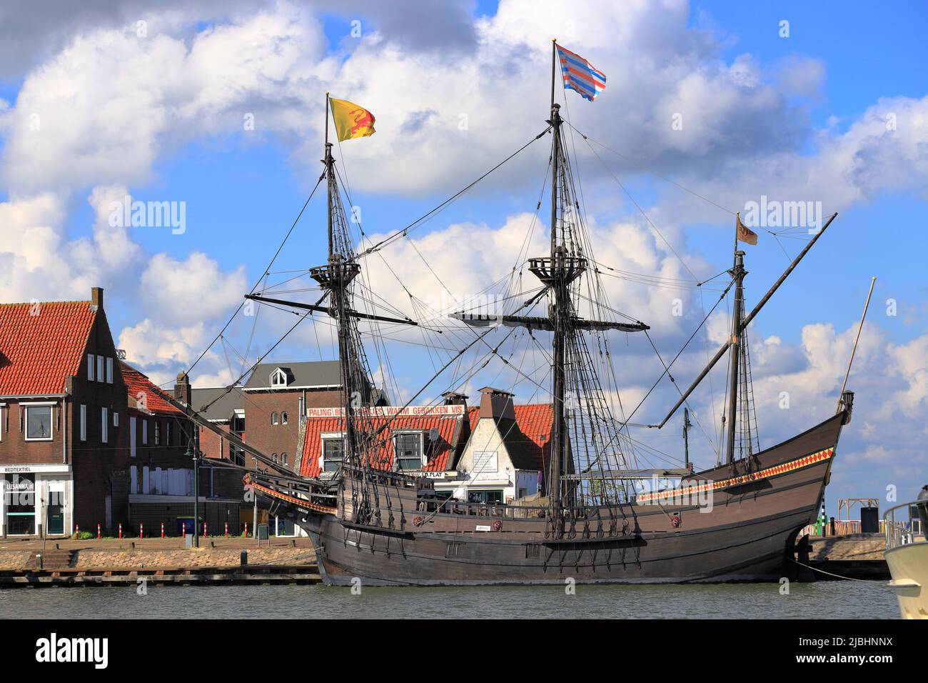 Volendam, the Netherlands - May 24, 2022: Visiting the Harbor of Volendam in North Holland a sunny day in May. Stock Photo