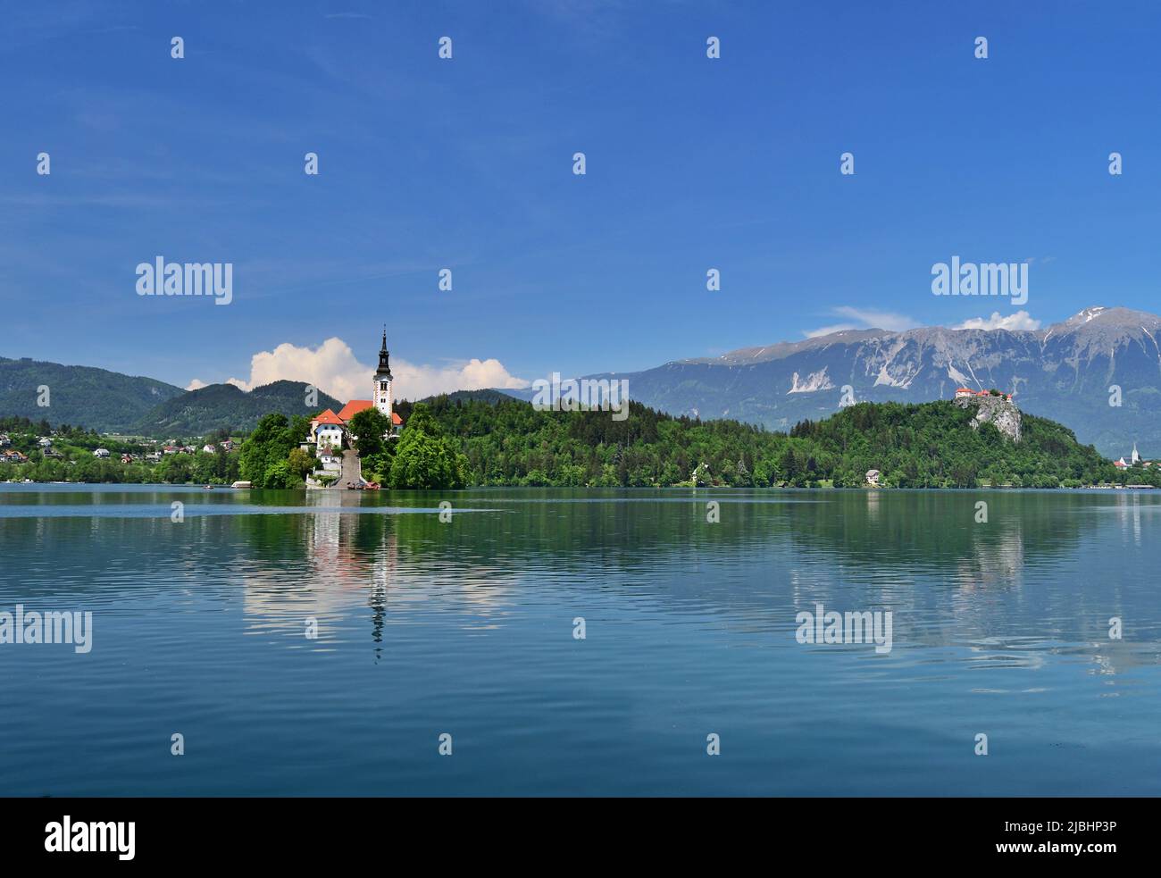Scenic view of lake Bled, the castle and the island with church Stock Photo
