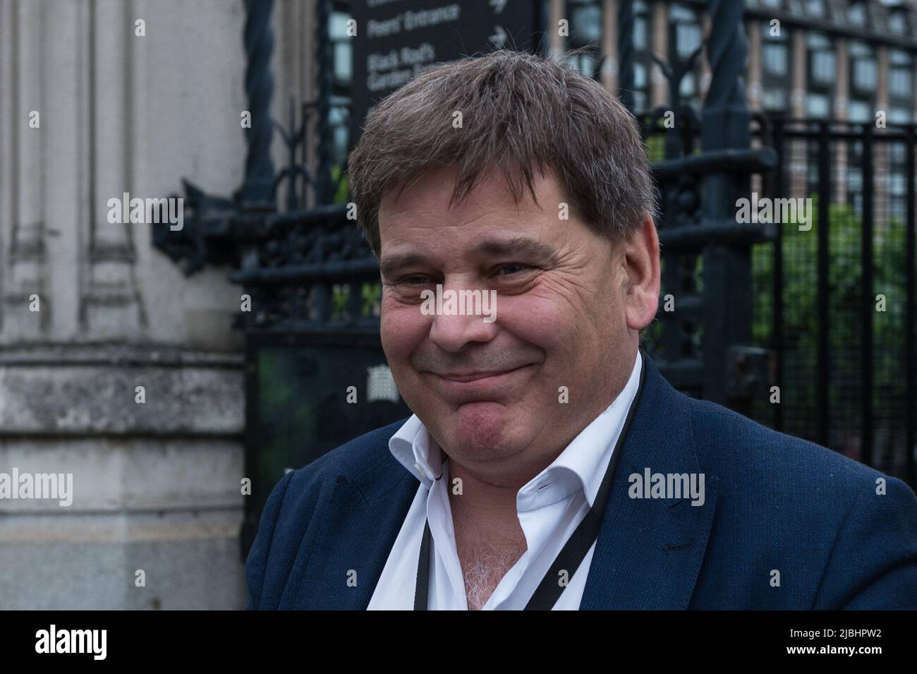 London, UK. 06th June, 2022. Conservative MP Andrew Bridgen leaves Houses of Parliament as Conservative Party MPs cast their ballots in a confidence vote in Prime Minister Boris Johnson. The confidence vote was triggered after at least 54 MPs submitted their letters of no-confidence in Boris Johnson to Sir Graham Brady, chairman of the backbench Conservative 1922 Committee, following publication of Sue Gray's report into Covid lockdown rule-breaking parties in Downing Street. Credit: Wiktor Szymanowicz/Alamy Live News Stock Photo