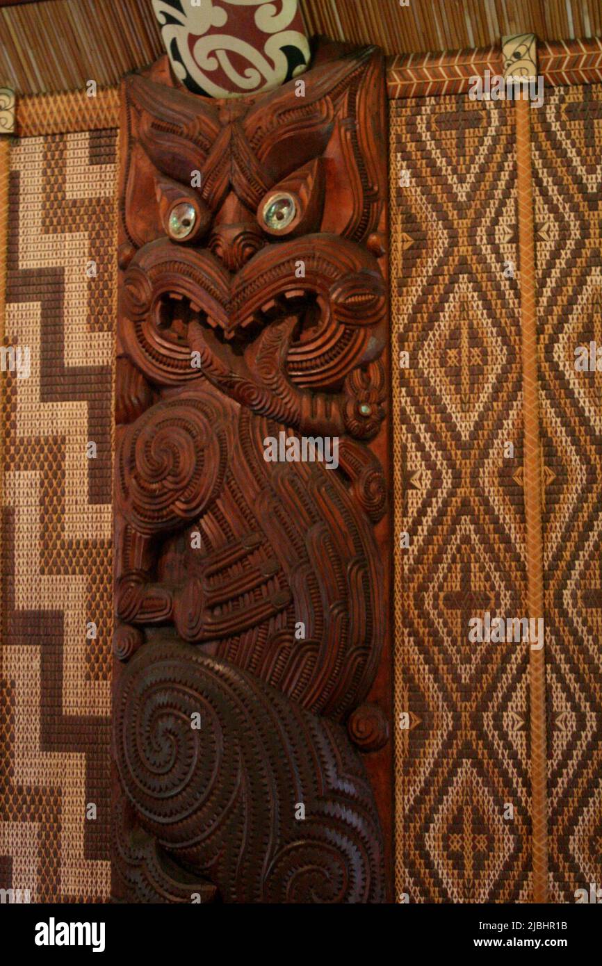 A traditional Maori wharenui in a marae, New Zealand Stock Photo