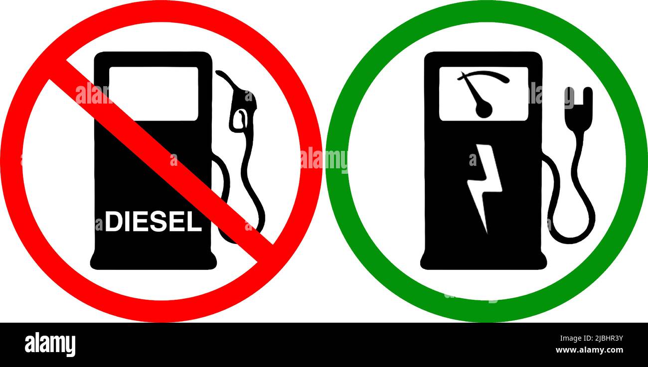 Forbidden gasoline diesel but e car, electric car allowed Road signs Stock Vector