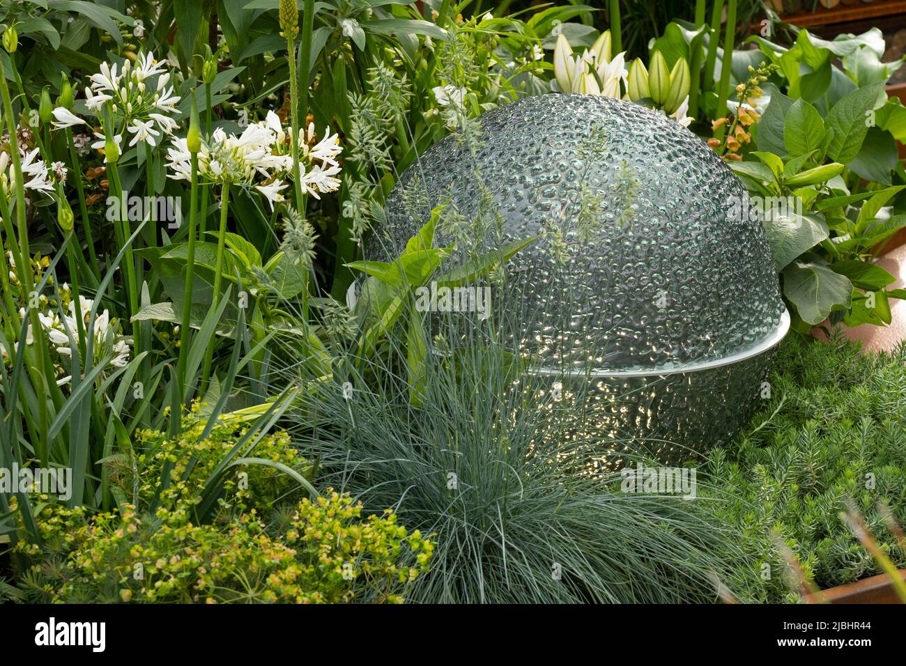 A globe light surrounded by Agapanthus, Euphorbia and grasses in the Out of the Shadows garden designed by Kate Gould. Stock Photo