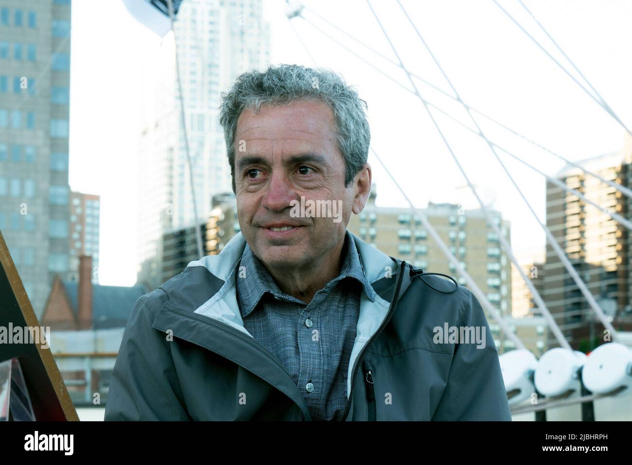 Author and historian Russell Shorto on the South Street Seaport Museum's 1885 cargo ship Wavertree during a panel discussion with two other historians Stock Photo