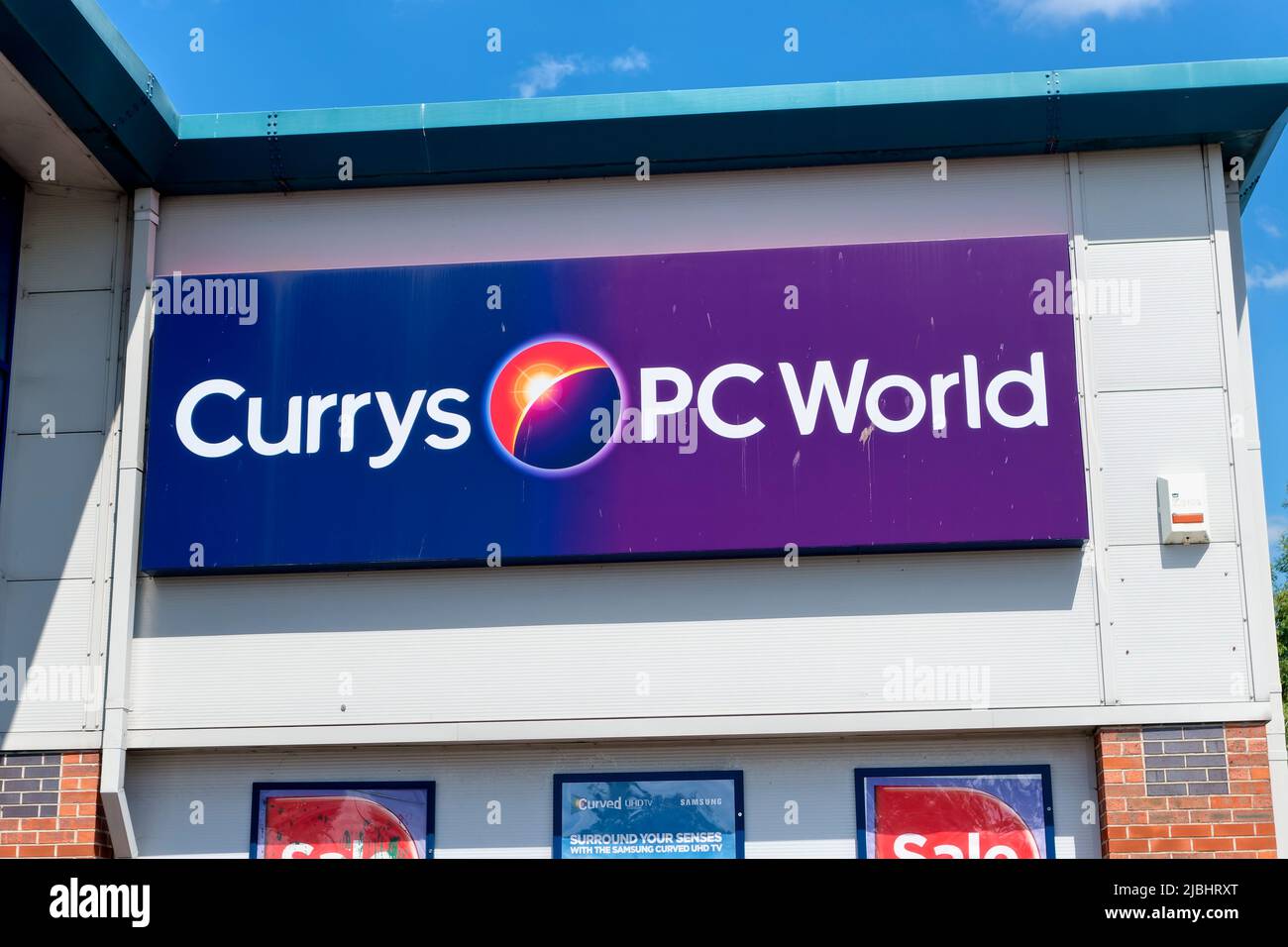 Trowbridge, Wiltshire, UK - July 15 2014: Currys PC World Store Sign at the Spitfire Retail Park in Trowbridge, Wiltshire, England, UK Stock Photo