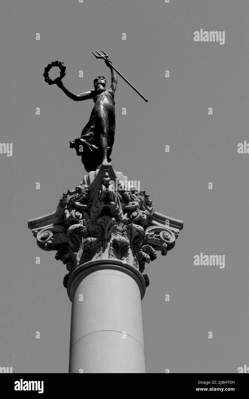 A statue of Nike, the Greek Goddess of Victory, atop the 1901 Dewey Monument in Union Square, San Francisco, California. Stock Photo