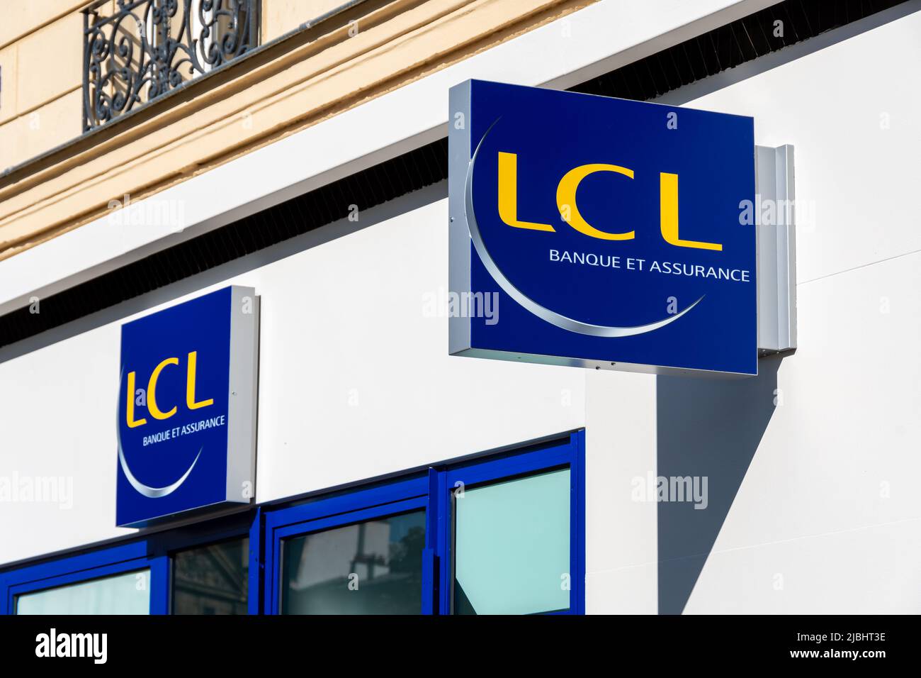 French bank LCL (Le Credit Lyonnais) sign and logo outside a bank branch in Paris, France Stock Photo