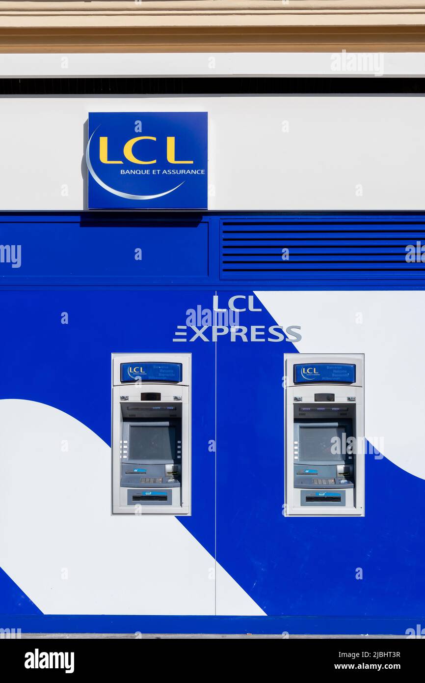 Two ATMs outside a branch of the French bank LCL (Le Credit Lyonnais) in Paris, France Stock Photo