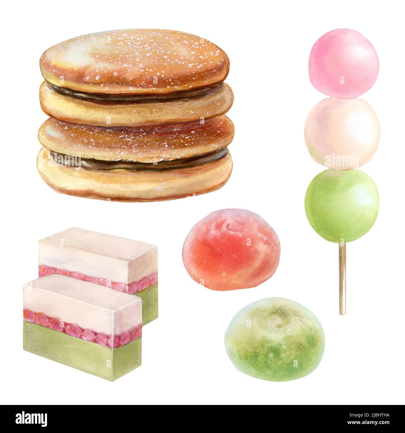 Food dessert, dorayaki, dango, yokan, daifuku, watercolor illustration isolated on white background Stock Photo