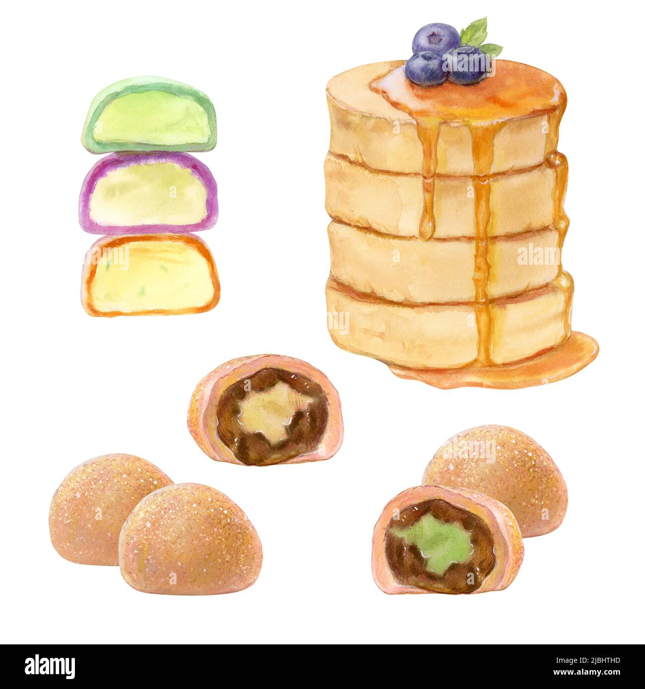 Food dessert, souffle pancakes, daifuku, watercolor illustration isolated on white background Stock Photo