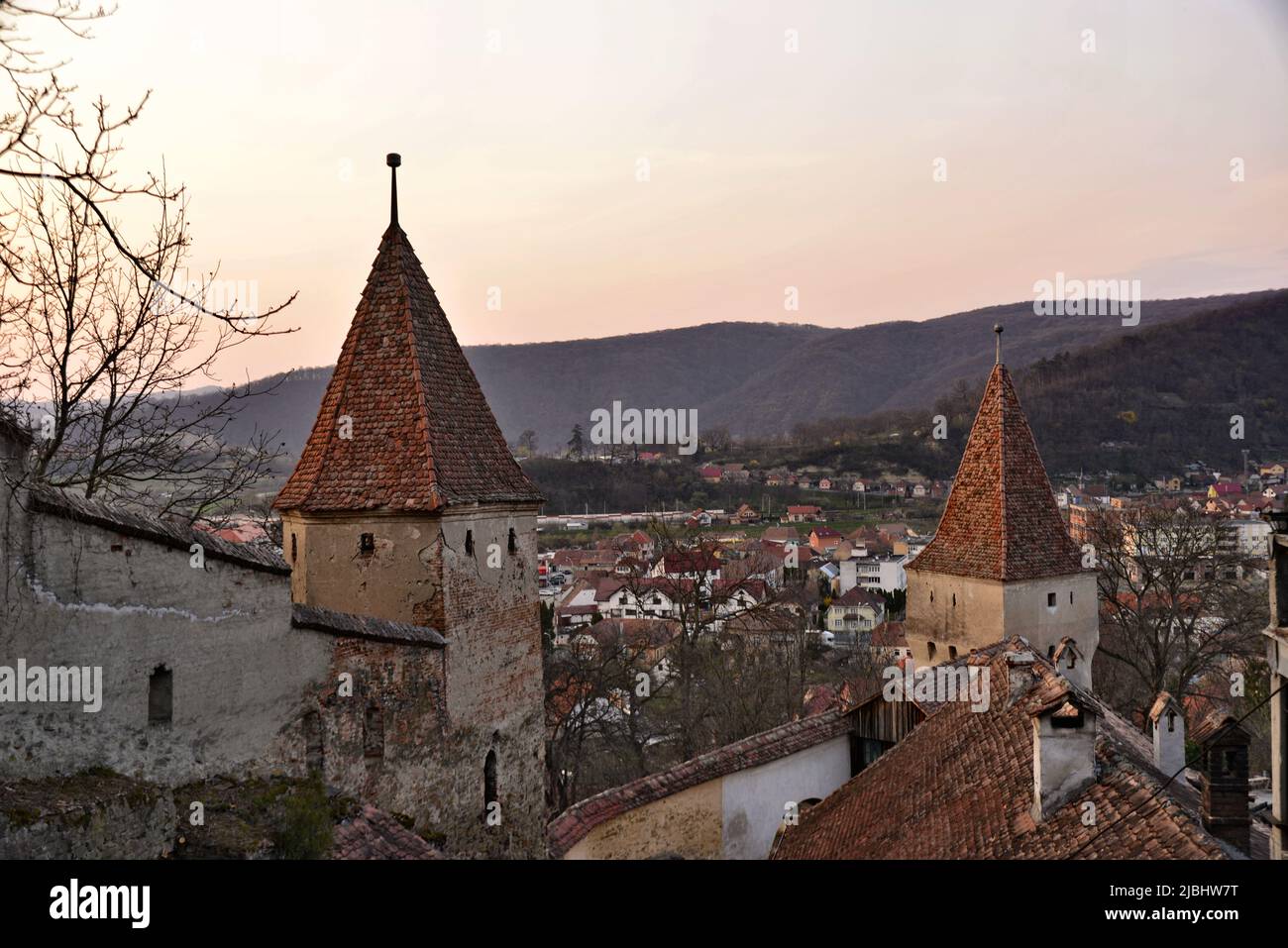 Original bastions of the medieval city of Sighisoara Stock Photo