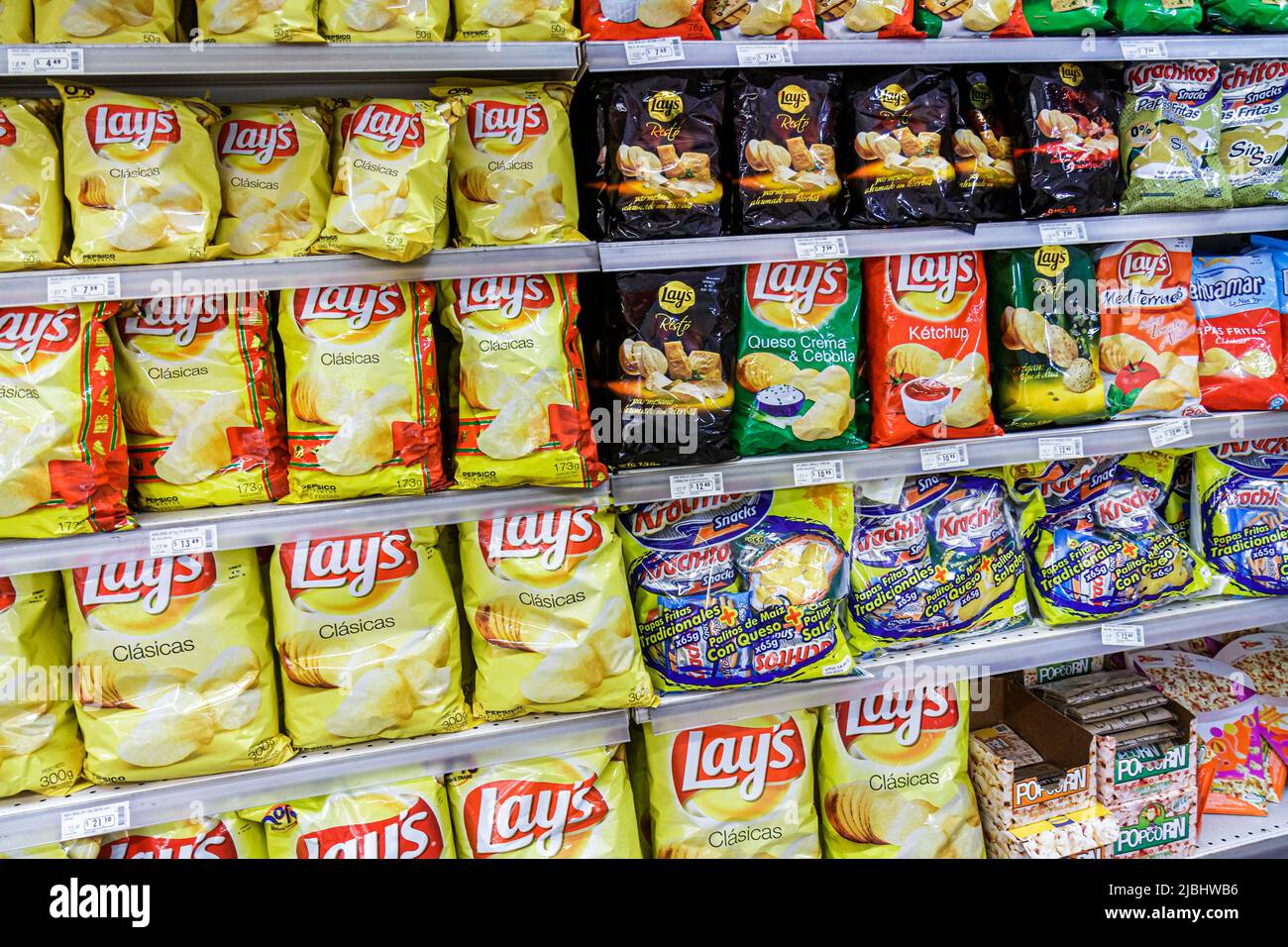 Buenos Aires Argentina,Avenida Callao,Disco Supermarket,grocery store market marketplace,display sale shelf shelves potato chips Lay's Lays Spanish Stock Photo