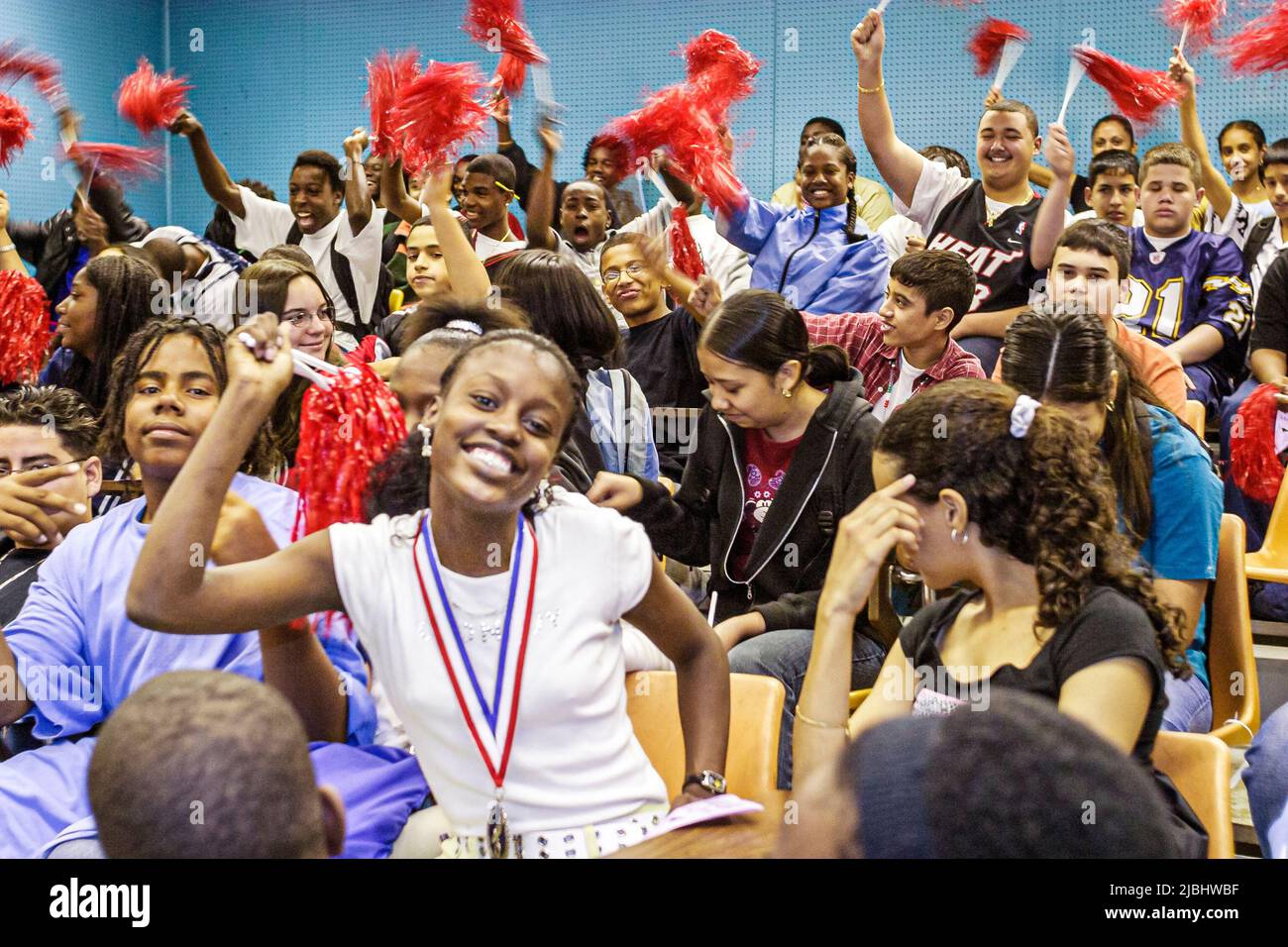 Miami Florida,Homestead,Campbell Drive Middle School,campus,FCAT pep rally,auditorium students cheering Black boys girls assembly Stock Photo
