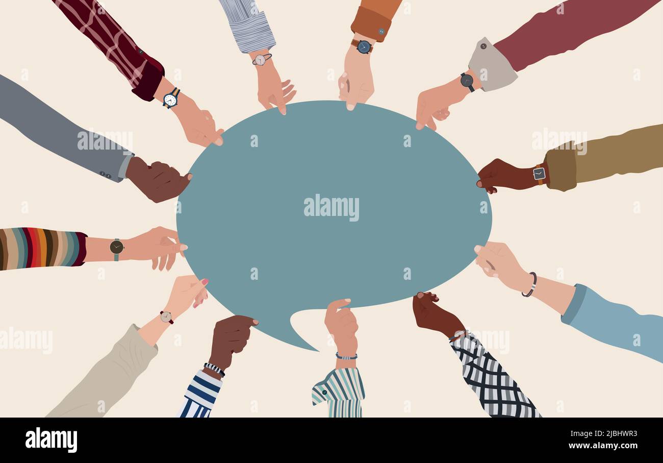 Agreement or affair between a group of colleagues or collaborators.Arms and hands holding speech bubble.Diversity People who exchange information.Team Stock Vector