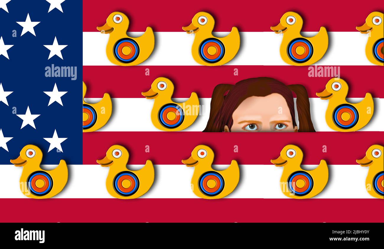A USA flag is the background for a carnival shooting gallery. Also, a school age child peeks up from inside the duck targets in this 3-d illustration. Stock Photo