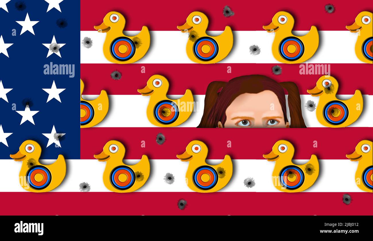 A USA flag is the background for a carnival shooting gallery. Also, a school age child peeks up from inside the duck targets in this 3-d illustration. Stock Photo