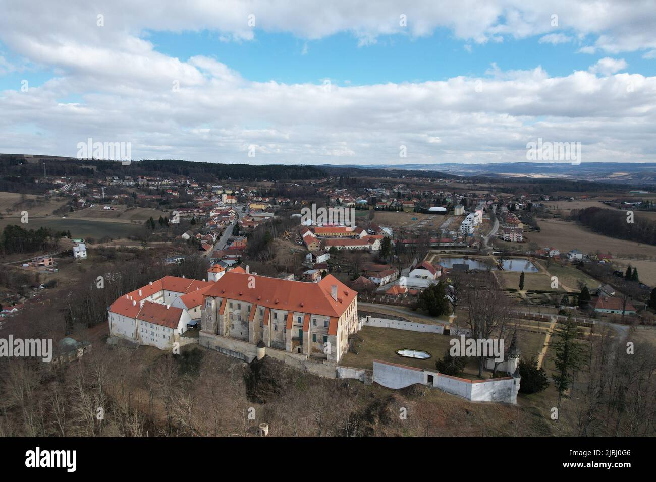 The Kunštát Castle in Kunstat in the South Moravian Region,Czech Republic, Zámek Kunštát aerial scenic panorama view, Blansko region Stock Photo