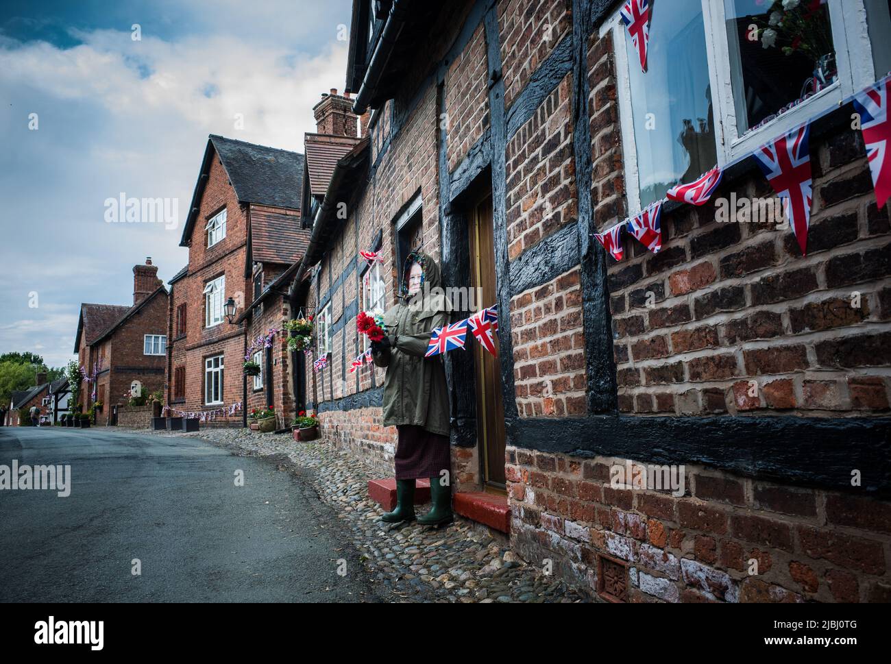 A queen decoration along the village of Great Budworth, Chershire during the platinum jubilee. Stock Photo