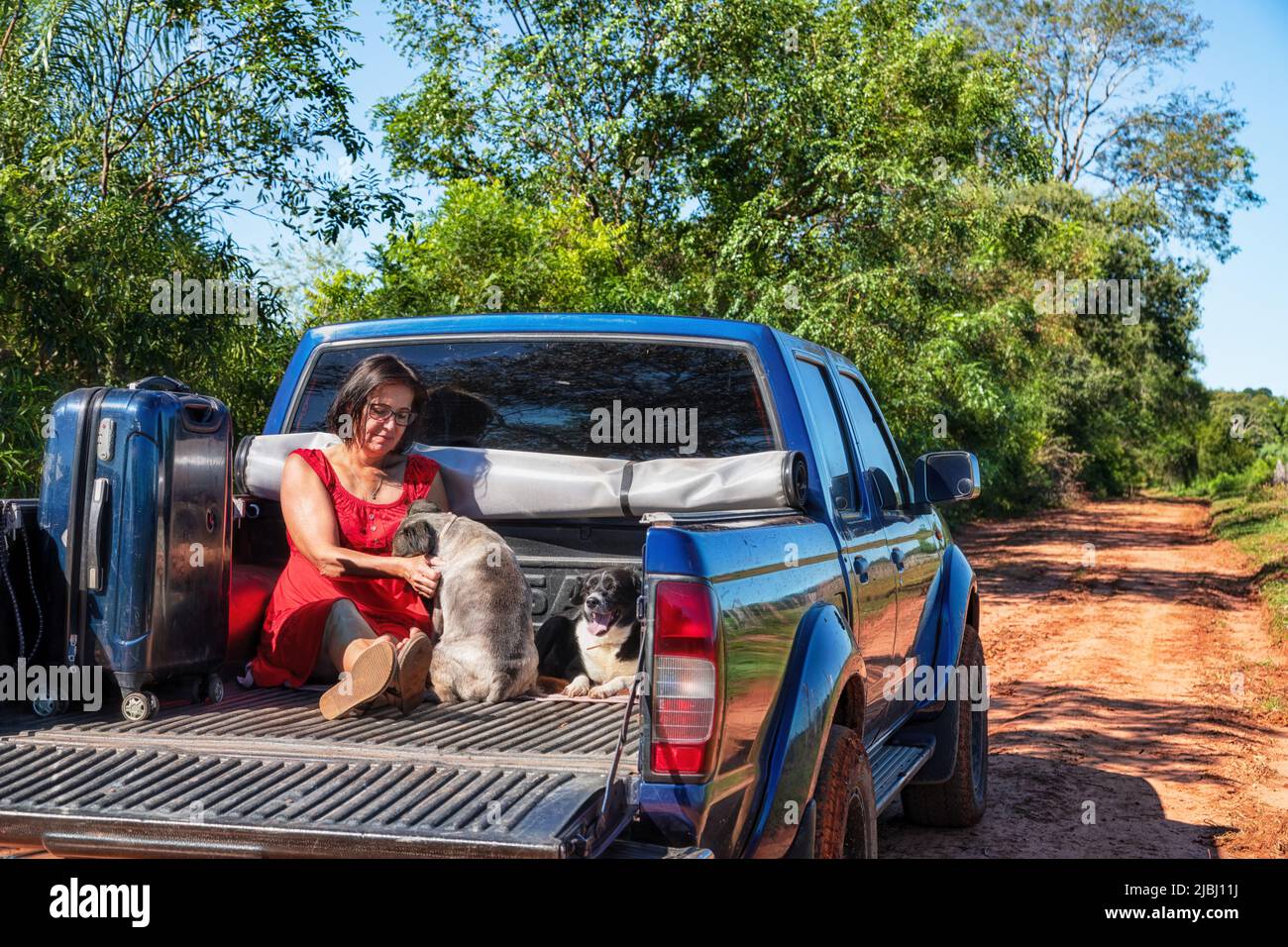 A woman sitting in the back of a pickup truck with her dogs and suitcase, all on a typical red sand road in Paraguay. Stock Photo