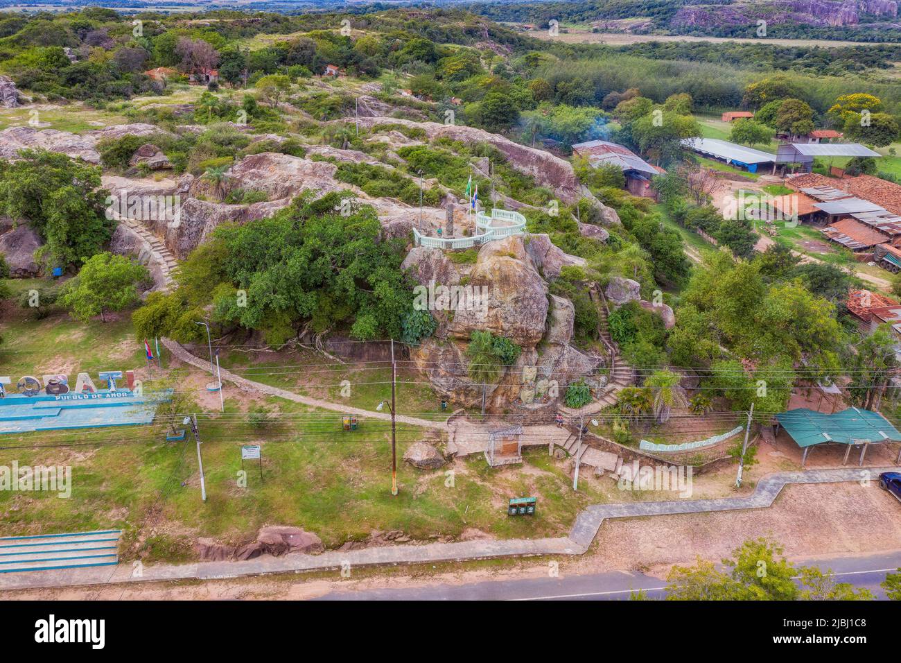 Tobati, Cordillera, Paraguay - May 09, 2022: Aerial view of the viewpoint in Tobati (Mirador Tobati) symbolizes the pottery and craftsmanship of the c Stock Photo
