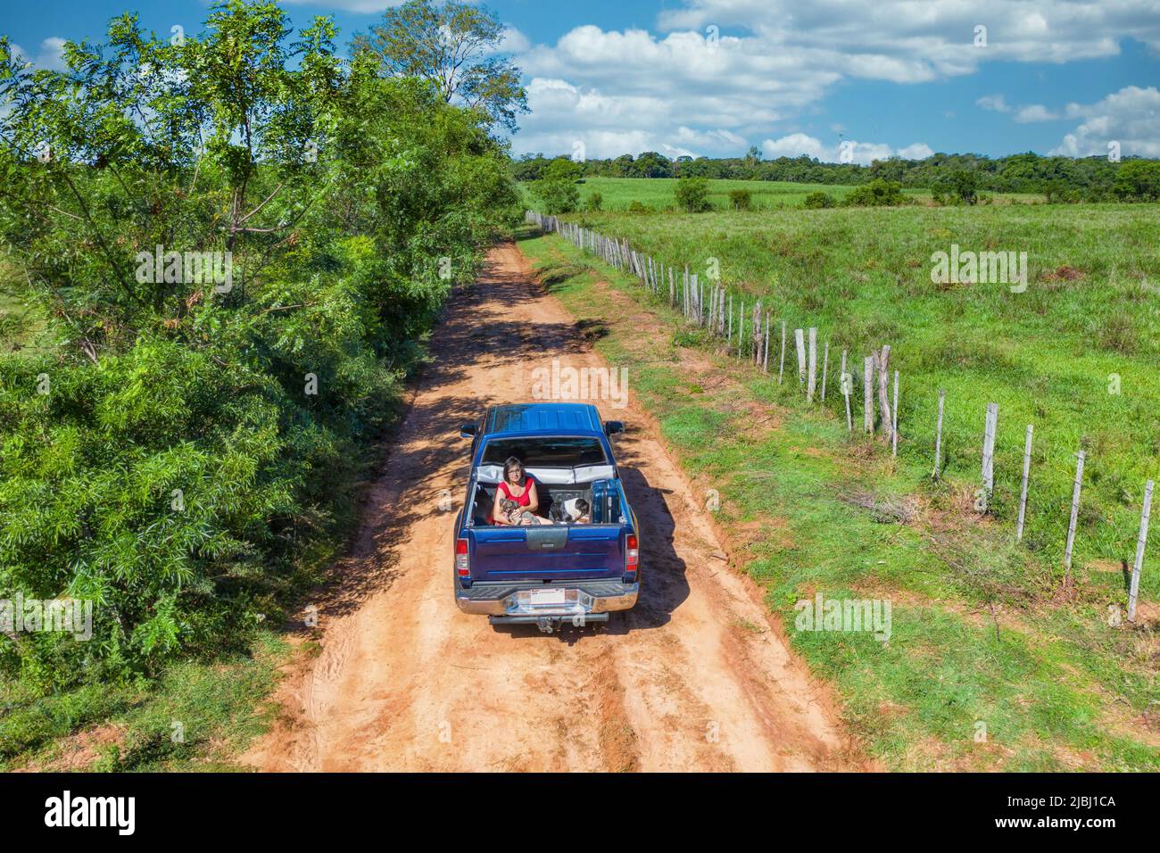 Aerial view of a woman sitting in the back of a pickup truck with her dog and suitcase, all on a typical red sand road in Paraguay. Stock Photo