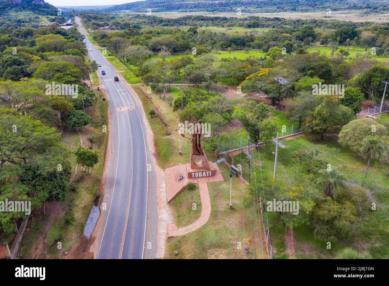 Tobati, Cordillera, Paraguay - May 09, 2022: Aerial view of the entrance of the town of Tobati when entering the town from the south. Stock Photo