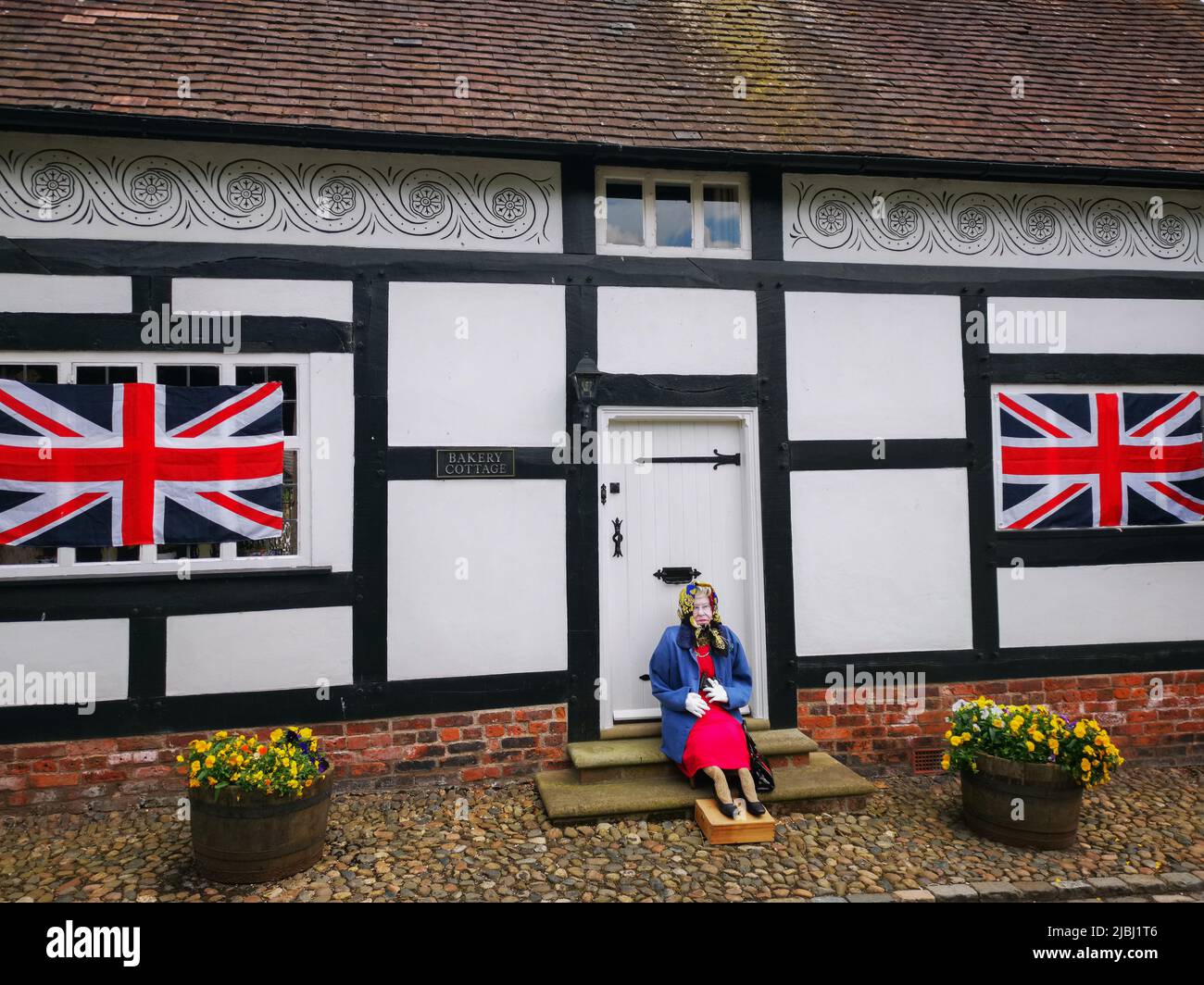 A queen decoration in the village of Great Budworth, Chershire during the platinum jubilee. Stock Photo