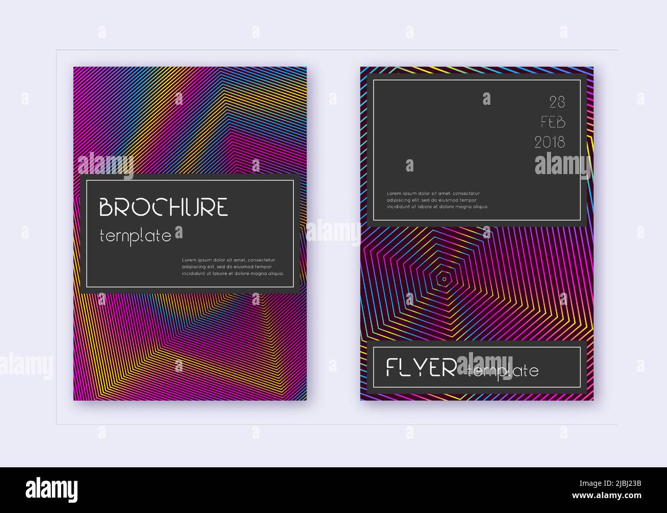 Black cover design template set. Rainbow abstract lines on wine red