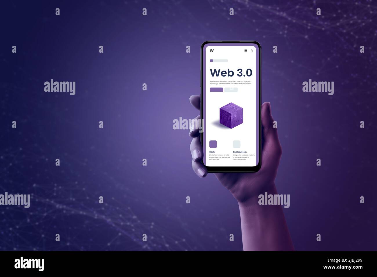 Web 3.0 presentation page on smart phone in hand concept. Purple background with network nodes Stock Photo