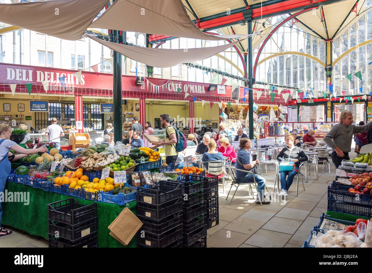 Interior cafe and fruit & vegetable stall in Market Hall, Market Place, Stockport, Greater