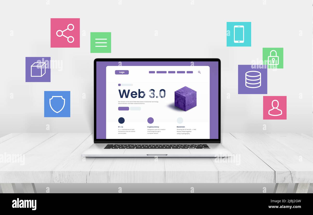 Laptop with Web 3.0 presentation, surrounded by icons representing web 3 features Stock Photo