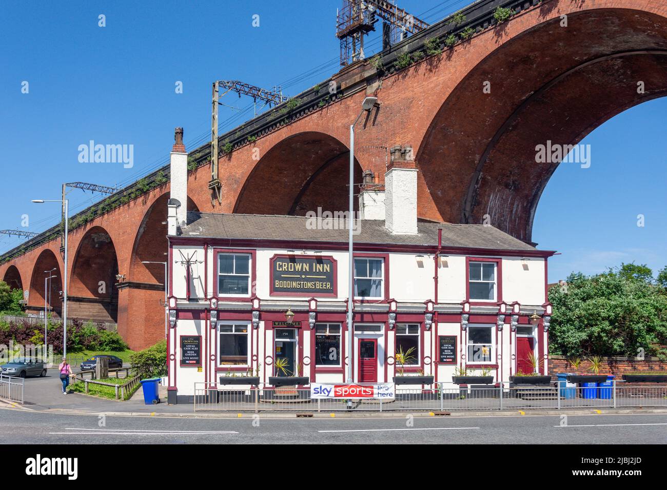 The Crown Inn with railway viaduct behind, Heaton Lane, Stockport