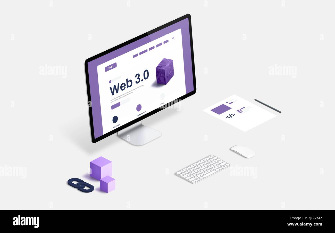Desk with computer display and Web 3.0 presentation in isometric position concept. Code sketches beside and blocks with a chain Stock Photo