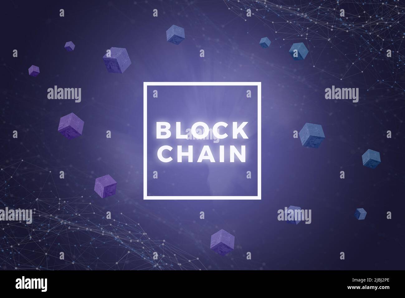 Blockchain network illustration with text in frame and blocks around. Network threads in background Stock Photo