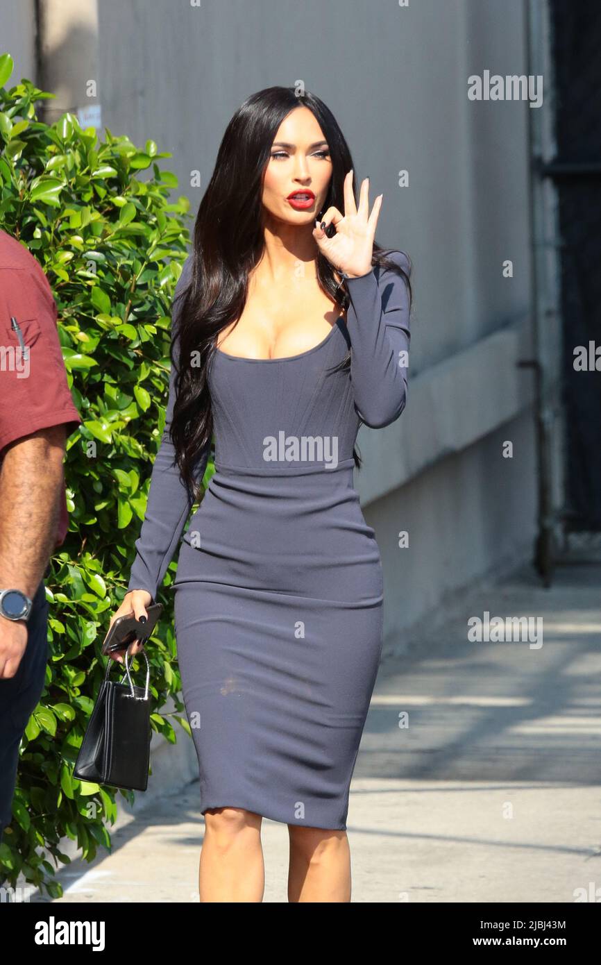 Megan Fox stuns in a grey pencil dress as she arrives at Jimmy Kimmel Live!  in Los Angeles, California Featuring: Megan Fox Where: Los Angele,  California, United States When: 12 Jul 2021