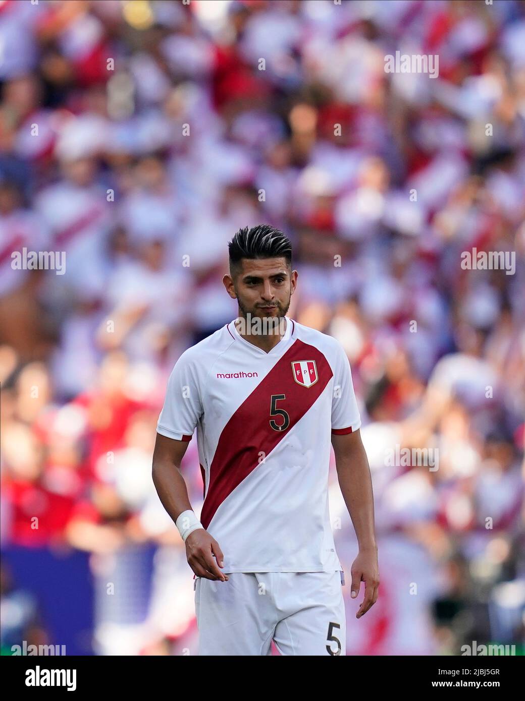 Carlos Zambrano of Peru during the friendly match between Peru and New Zealand played at RCDE Stadium on June 5, 2022 in Barcelona, Spain. (Photo by Bagu Blanco / PRESSINPHOTO) Stock Photo