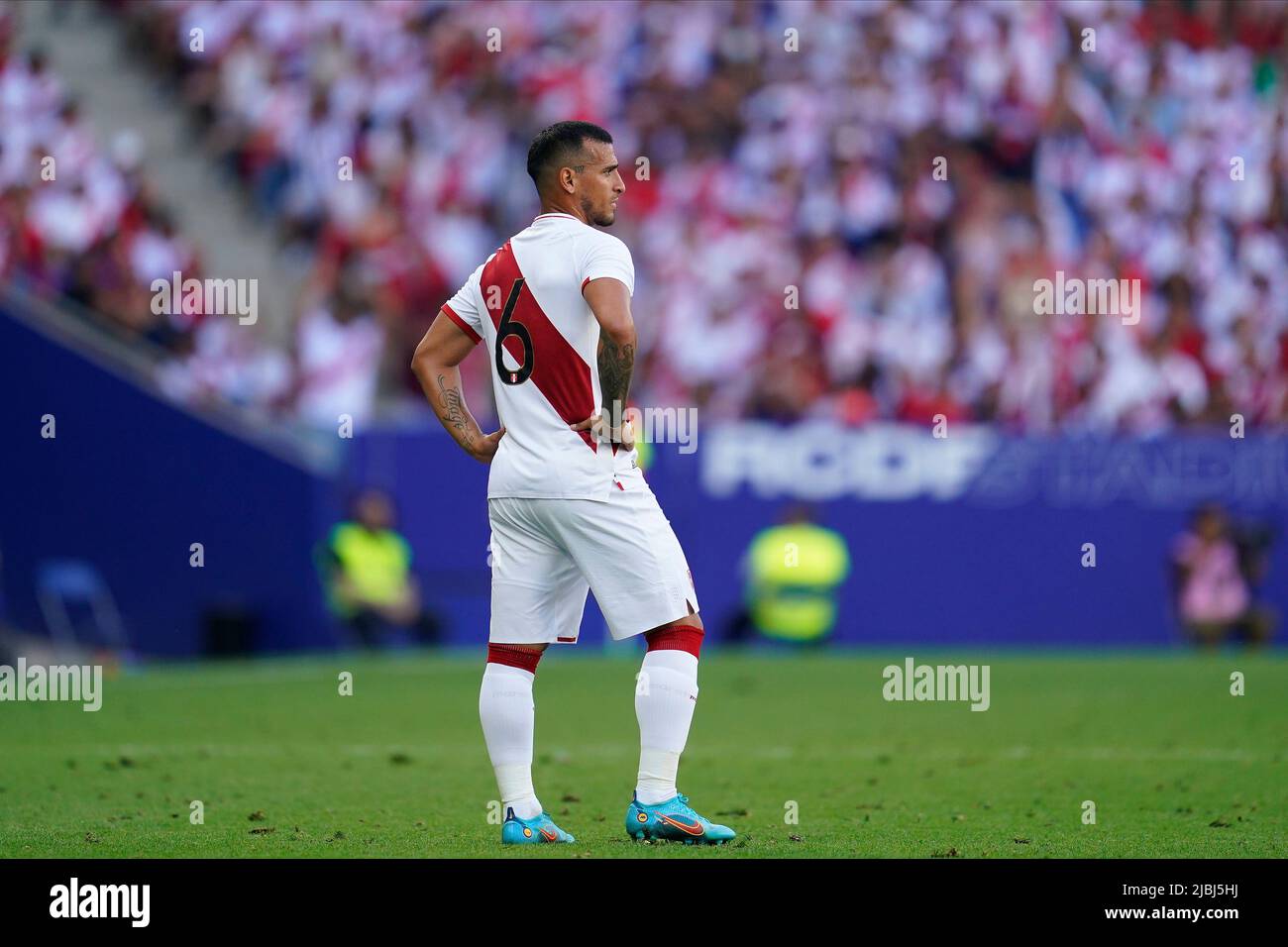 Miguel Trauco of Peru during the friendly match between Peru and New Zealand played at RCDE Stadium on June 5, 2022 in Barcelona, Spain. (Photo by Bagu Blanco / PRESSINPHOTO) Stock Photo