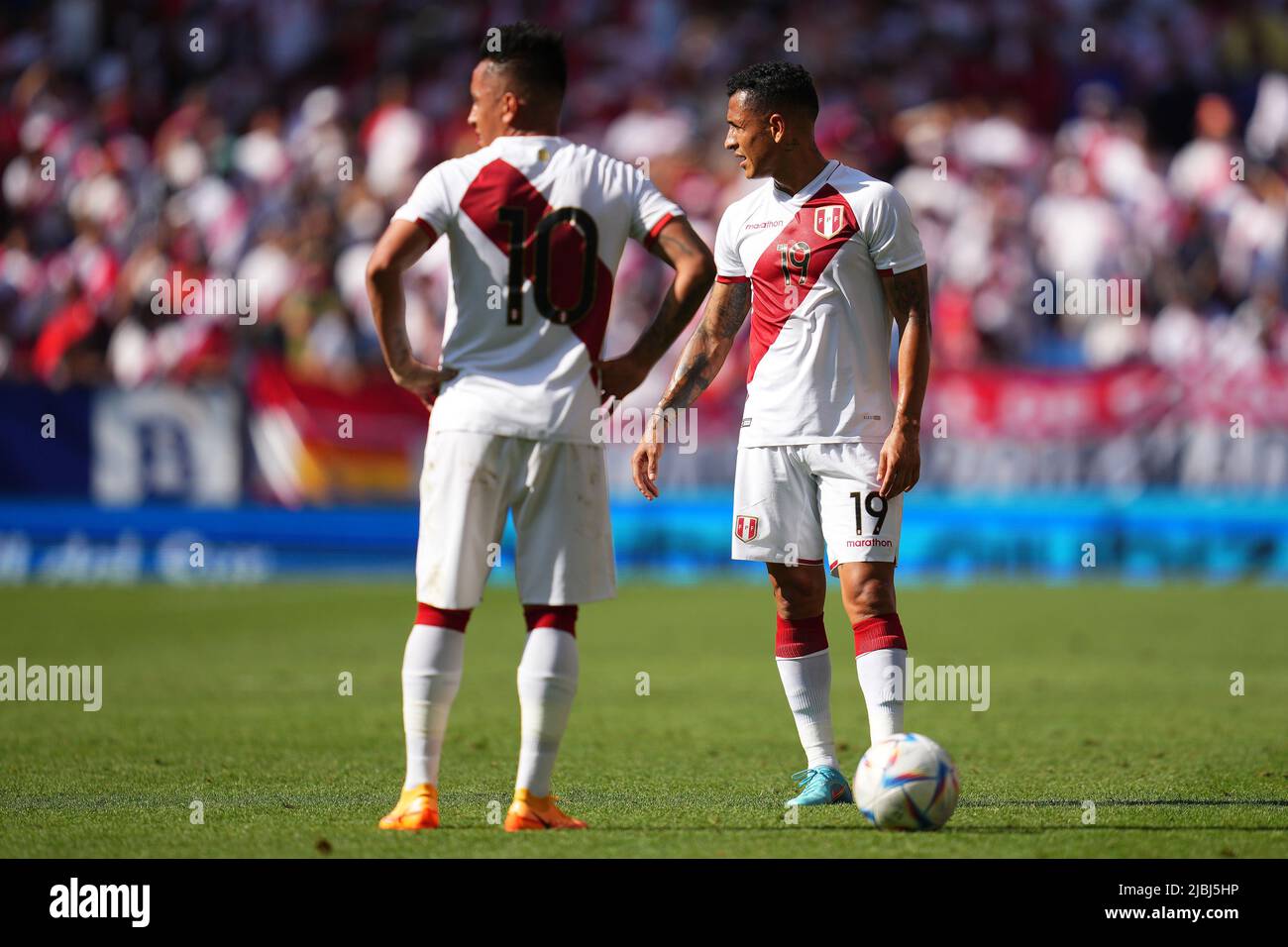 Yoshimar Yotun and Christian Cueva of Peru during the friendly match between Peru and New Zealand played at RCDE Stadium on June 5, 2022 in Barcelona, Spain. (Photo by Bagu Blanco / PRESSINPHOTO) Stock Photo