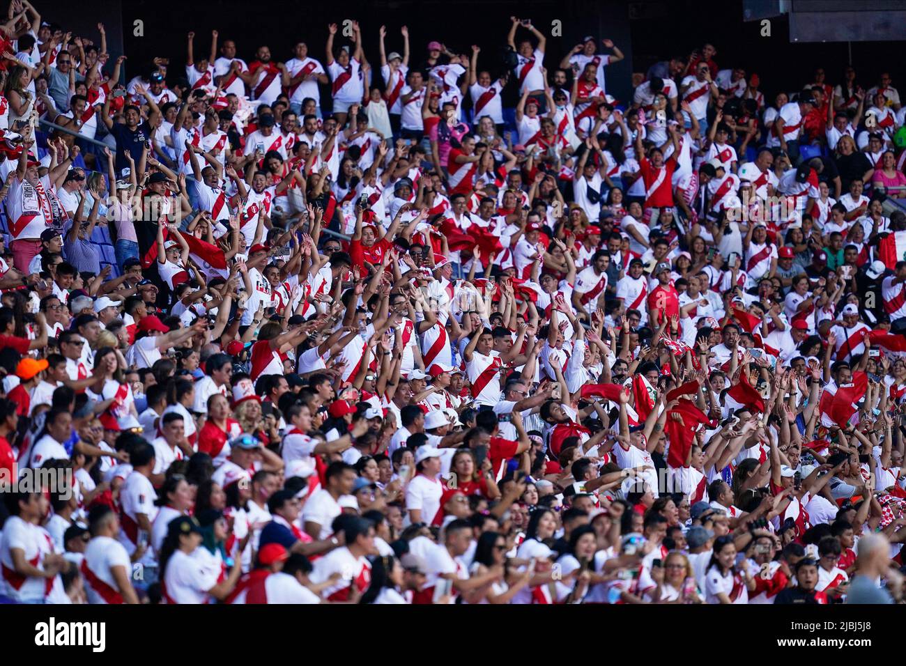 Peru’s fans during the friendly match between Peru and New Zealand played at RCDE Stadium on June 5, 2022 in Barcelona, Spain. (Photo by Bagu Blanco / PRESSINPHOTO) Stock Photo