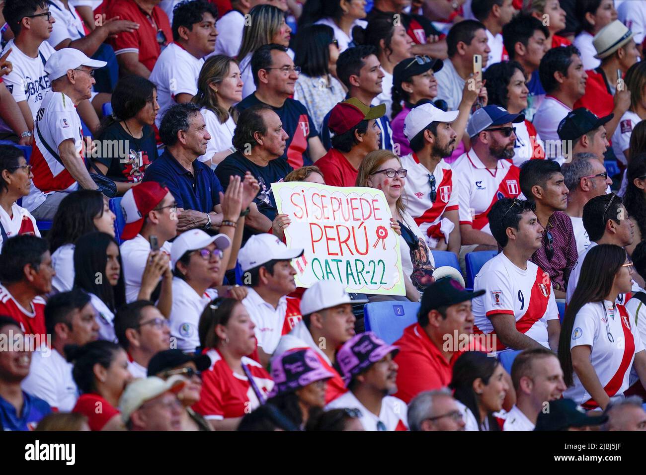 Peru’s fans during the friendly match between Peru and New Zealand played at RCDE Stadium on June 5, 2022 in Barcelona, Spain. (Photo by Bagu Blanco / PRESSINPHOTO) Stock Photo