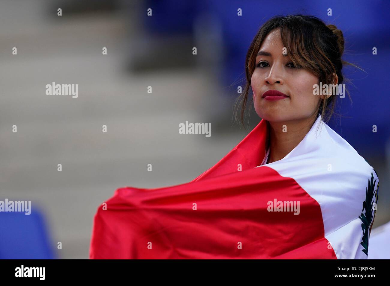 Peru fan during the friendly match between Peru and New Zealand played at RCDE Stadium on June 5, 2022 in Barcelona, Spain. (Photo by Bagu Blanco / PRESSINPHOTO) Stock Photo