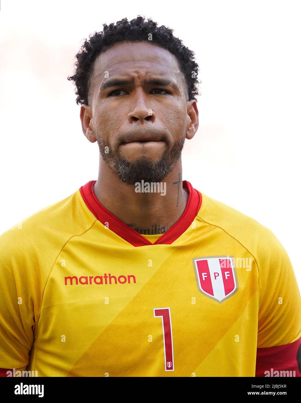 Pedro Gallese of Peru during the friendly match between Peru and New Zealand played at RCDE Stadium on June 5, 2022 in Barcelona, Spain. (Photo by Bagu Blanco / PRESSINPHOTO) Stock Photo