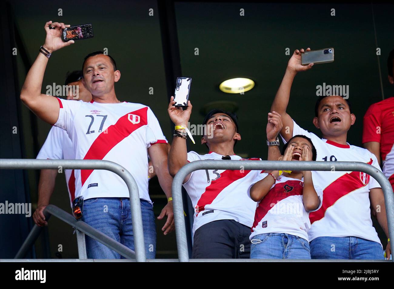 Peru fans during the friendly match between Peru and New Zealand played at RCDE Stadium on June 5, 2022 in Barcelona, Spain. (Photo by Bagu Blanco / PRESSINPHOTO) Stock Photo