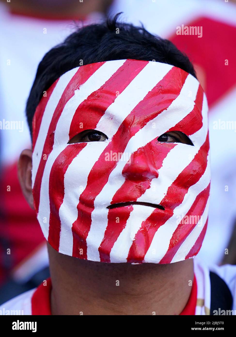 Peru fan during the friendly match between Peru and New Zealand played at RCDE Stadium on June 5, 2022 in Barcelona, Spain. (Photo by Bagu Blanco / PRESSINPHOTO) Stock Photo