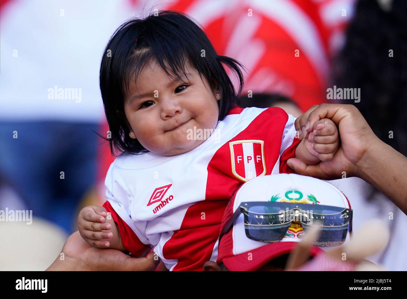 Peru baby fan during the friendly match between Peru and New Zealand played at RCDE Stadium on June 5, 2022 in Barcelona, Spain. (Photo by Bagu Blanco / PRESSINPHOTO) Stock Photo